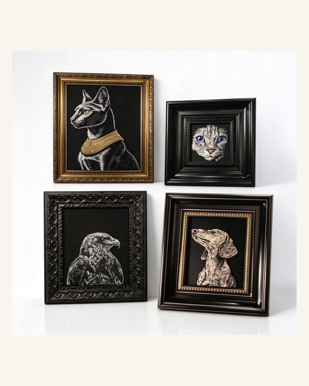 Custom pet portrait art and memorial frames