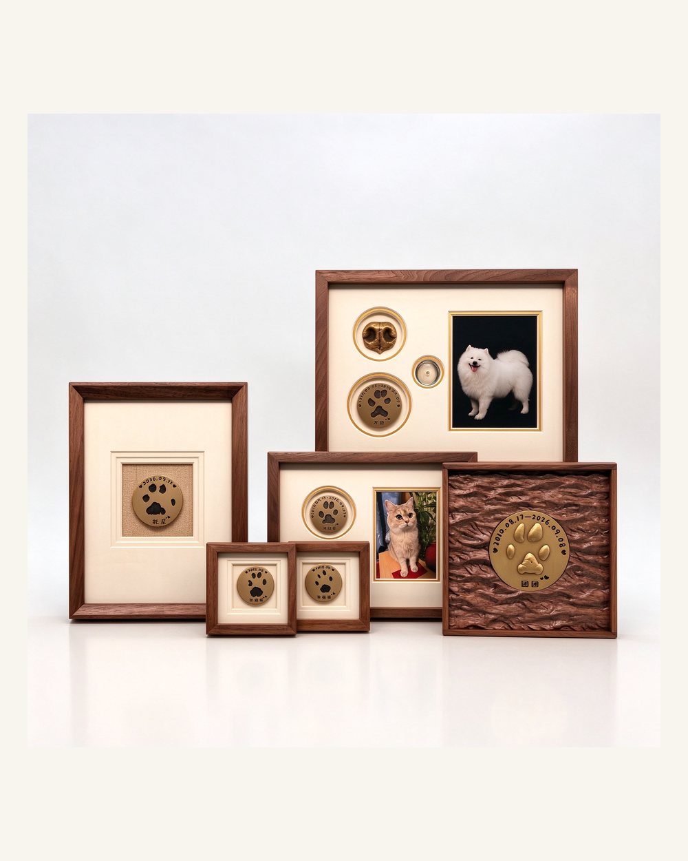 Brass paw print frames for pet memorial displays