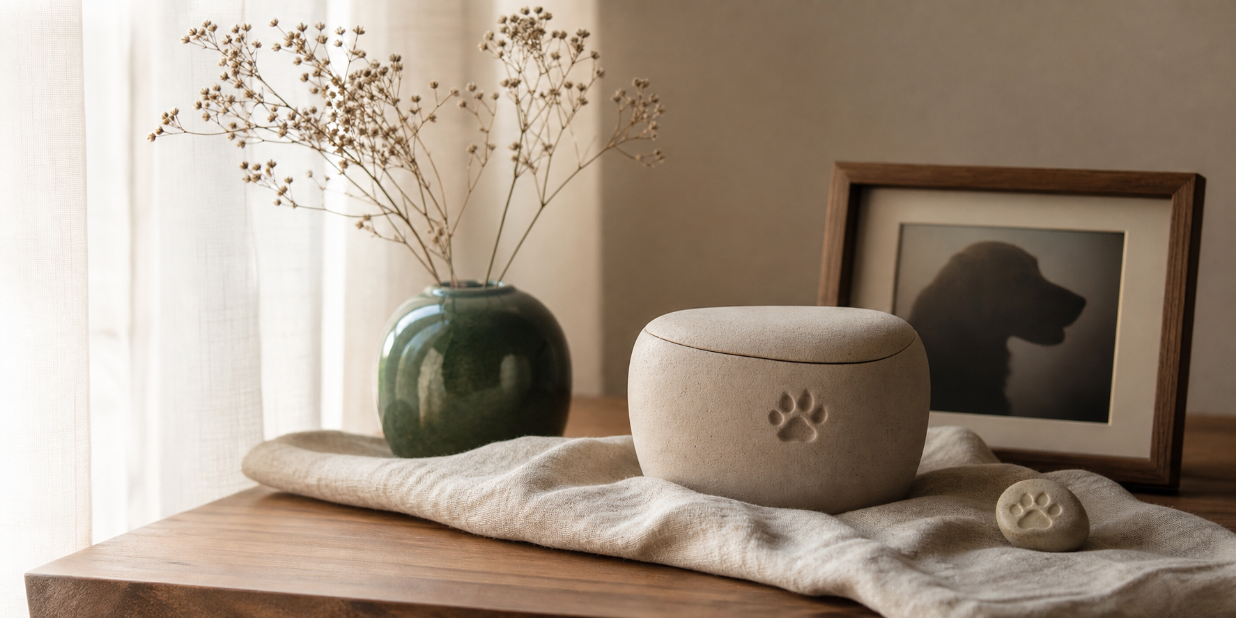A refined pet memorial keepsake in warm natural light
