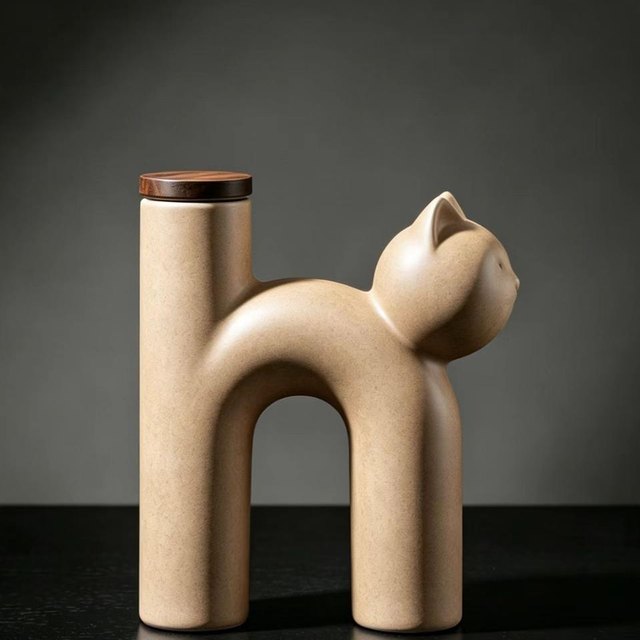 Cat-Shaped Ceramic Pet Urn - Brown