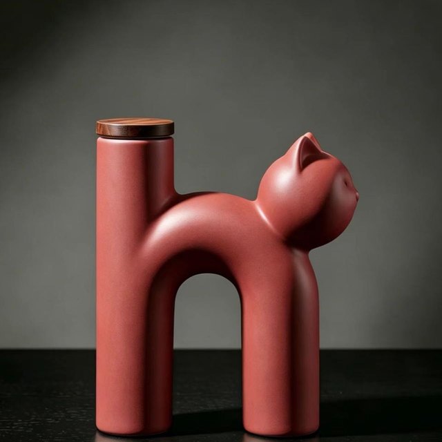 Cat-Shaped Ceramic Pet Urn - Red