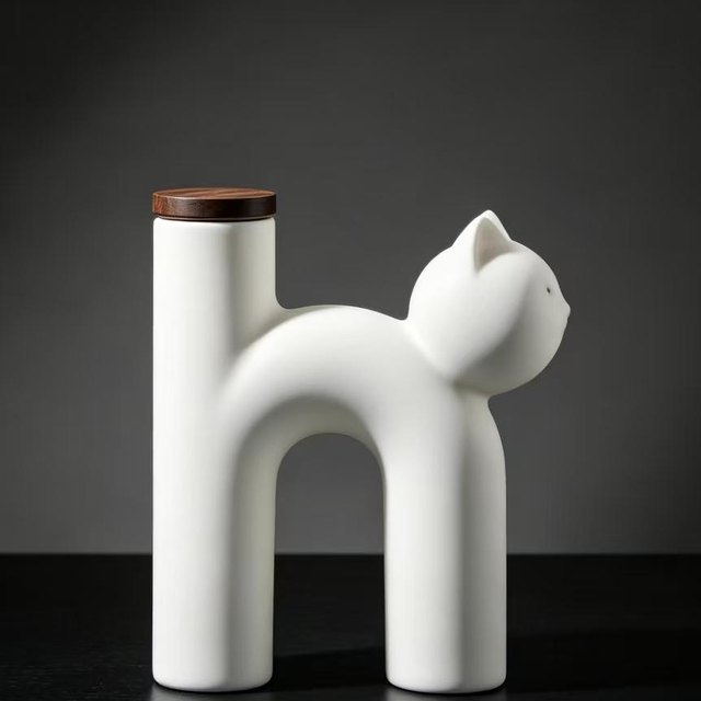 Cat-Shaped Ceramic Pet Urn - White